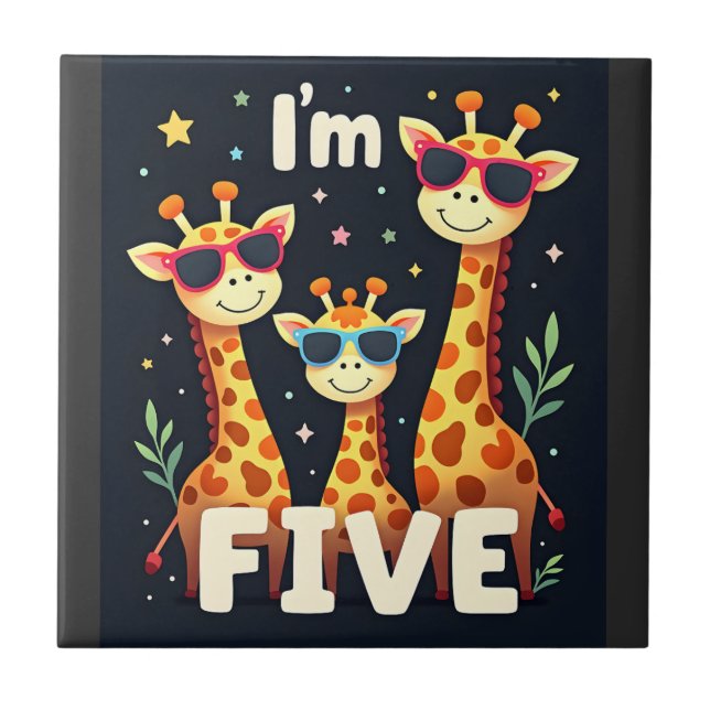 Cool Giraffe 5th Birthday Party 5 Year Old Toddler Tile (Front)