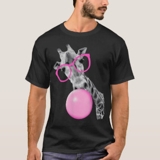 Cool Giraffe Blowing Bubble With Pink Glasses T-Shirt