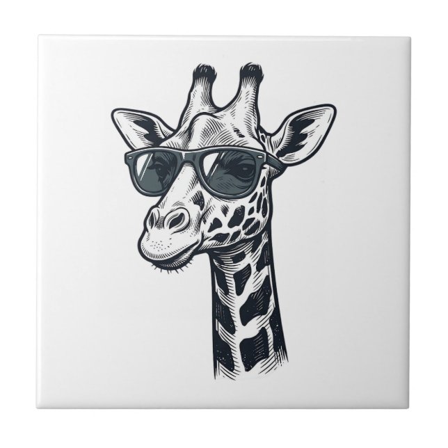 Cool Giraffe Sunglasses Vintage Engraving T-Shirt_ Tile (Front)