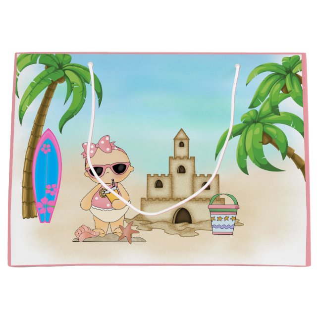 Cool Girl Beach Baby with Sandcastle and Surfboard Large Gift Bag (Front)