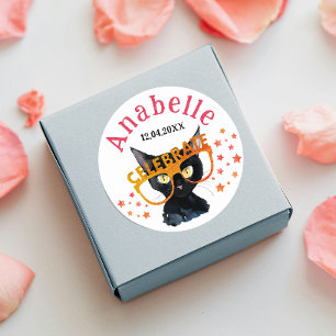 Cool Girly Black Cat Red Orange Glitter Watercolor Classic Round Sticker