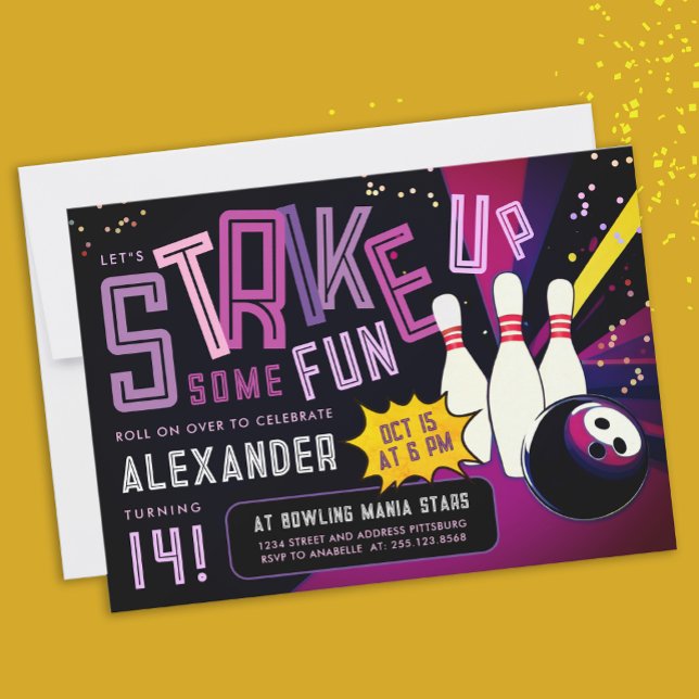 Cool Girly Bowling Strike Colourful Purple Party Invitation (Creator Uploaded)
