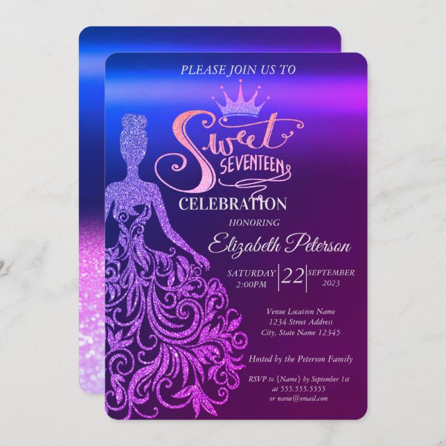 Cool Glitter Dress,Tiara,Purple Ombre Sweet 17  Invitation (Front/Back)
