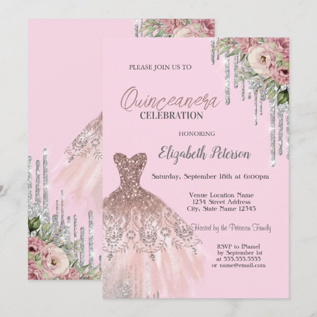Cool Glitter Drips,Dress Floral Pink Quinceanera  Invitation (Front/Back)