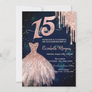 Cool Glitter Drips Dress Navy Blue 15th Birthday Invitation