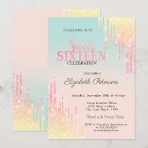 Cool Glitter Drips Ombre Sweet 16 Invitation