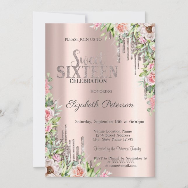 Cool Glitter Drips Rose Gold Roses Sweet 16  Invitation (Front)
