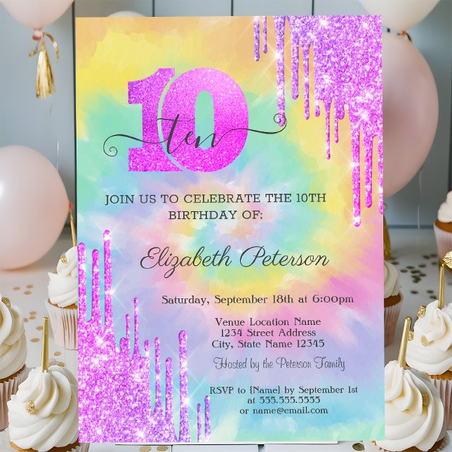 Cool Glitter Drips Tie Dye 10th Birthday  Invitation (Creator Uploaded)