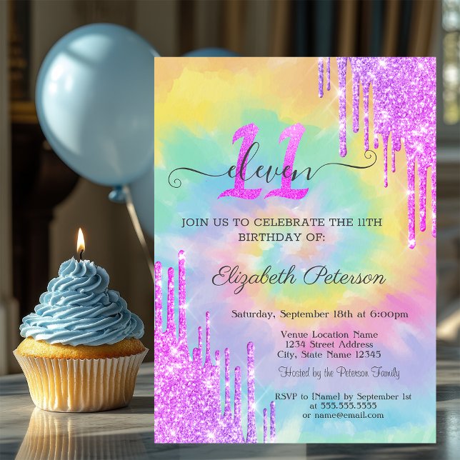 Cool Glitter Drips Tie Dye 11th Birthday  Invitation (Creator Uploaded)