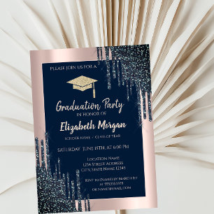 Cool Glitter Gradu Cap,Rose Gold Drips,Navy Blue Invitation