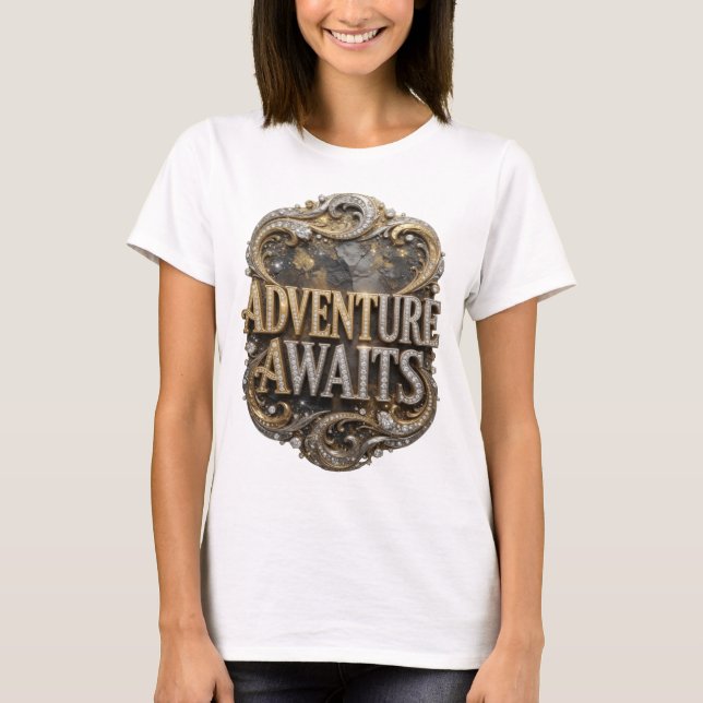 Cool Gold ADVENTURE AWAITS 3D Text Art T-Shirt (Front)