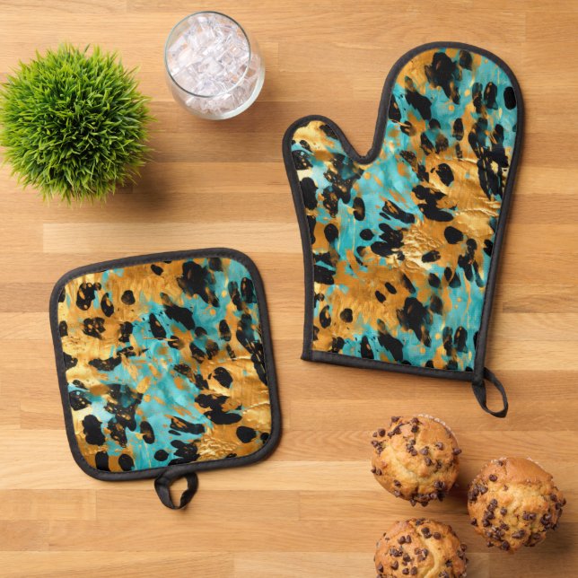 Cool Gold Aqua Leopard Oven Mitt & Pot Holder Set (Top Down)