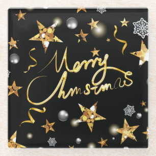 Cool Gold Black Stars Luxury Metallic Fashion Xmas Glass Coaster