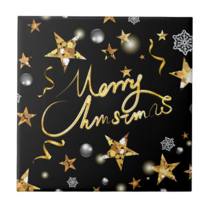 Cool Gold Black Stars Luxury Metallic Fashion Xmas Tile