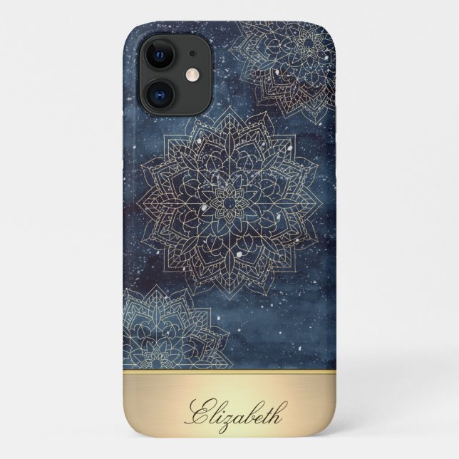 Cool Gold Floral Mandala, Navy Blue Case-Mate iPhone Case (Back)