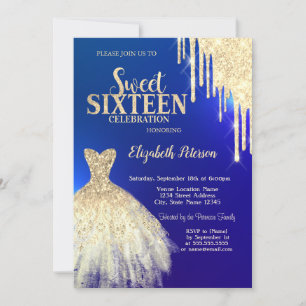Cool Gold Glitter Drips,Dress Blue Sweet 16  Invitation