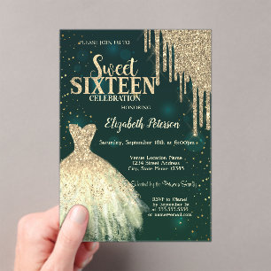 Cool Gold Glitter Drips,Dress Green Sweet 16 Acrylic Invitations