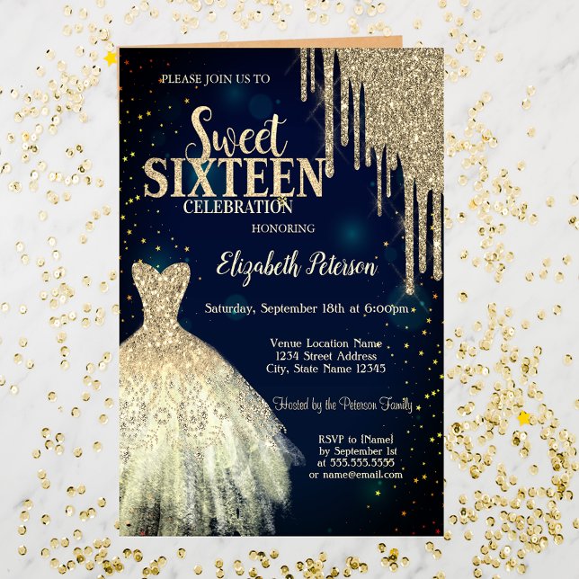 Cool Gold Glitter Drips,Dress Navy Blue Sweet 16  Invitation (Creator Uploaded)