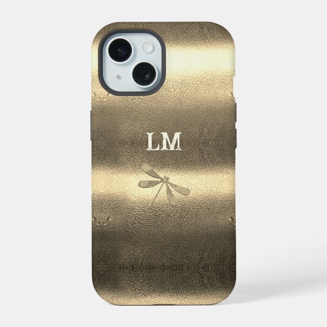 Cool Gold Look Dragonfly Monogram Initials iPhone 15 Case (Back)