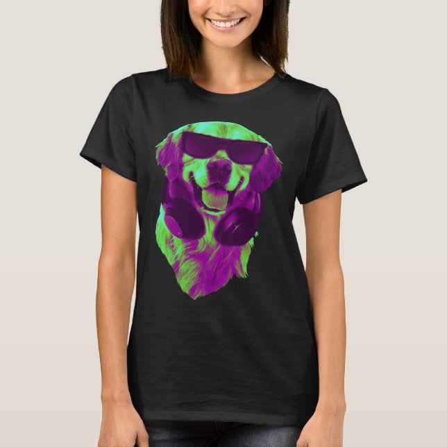Cool Golden Retriever DJ with Headphones & Sunglas T-Shirt (Front)
