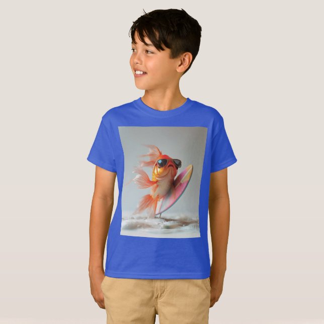 Cool Goldfish Surfing on a Wave T-Shirt (Front Full)