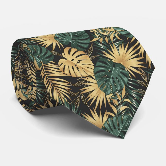 cool golf green black Tropical leaf pattern  Tie (Rolled)