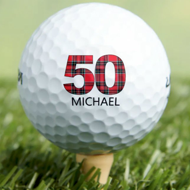 Cool Golfer Gift 50th Birthday red plaid design Golf Balls (Creator Uploaded)