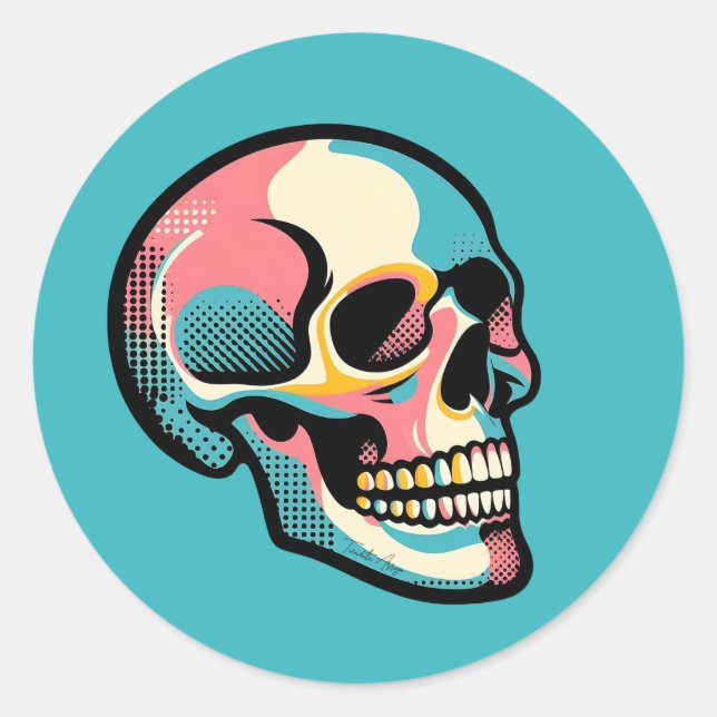 Cool Goth Vibrant Colourful Pop Art Skull Face Classic Round Sticker (Front)