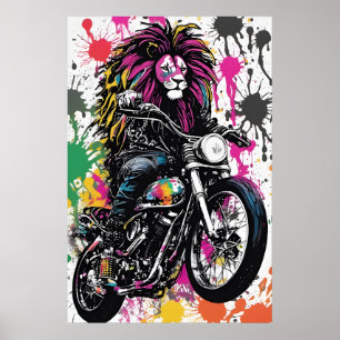 Cool Gothic Lion in Biker's Outfit Digital Art Poster
