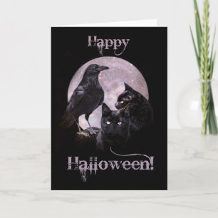 Cool Gothic Raven and Black Cat Halloween Card