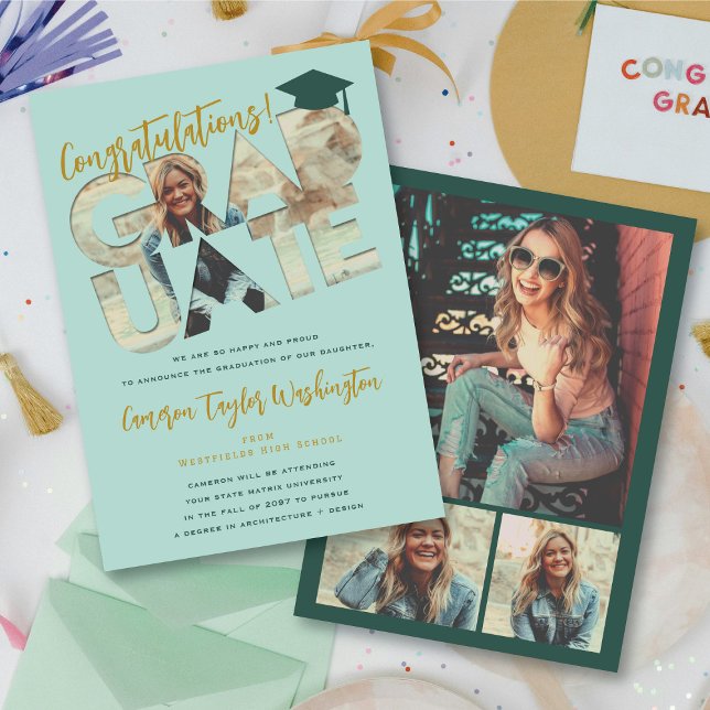 Cool Graduate Cutout Photo Modern Graduation Card (Cool Mint Green Congratulations Graduate Cutout Photo Modern Graduation Card @ fatfatin)