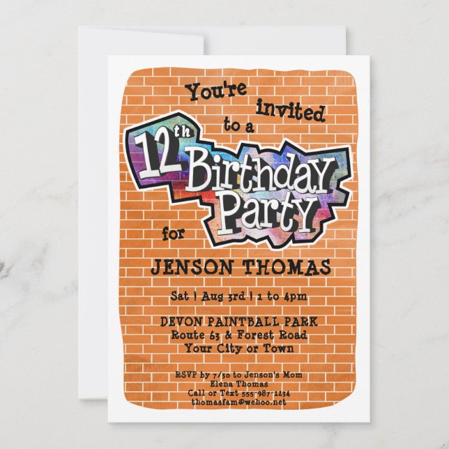 Cool Graffiti Art 12th Birthday Party Invitation (Front)