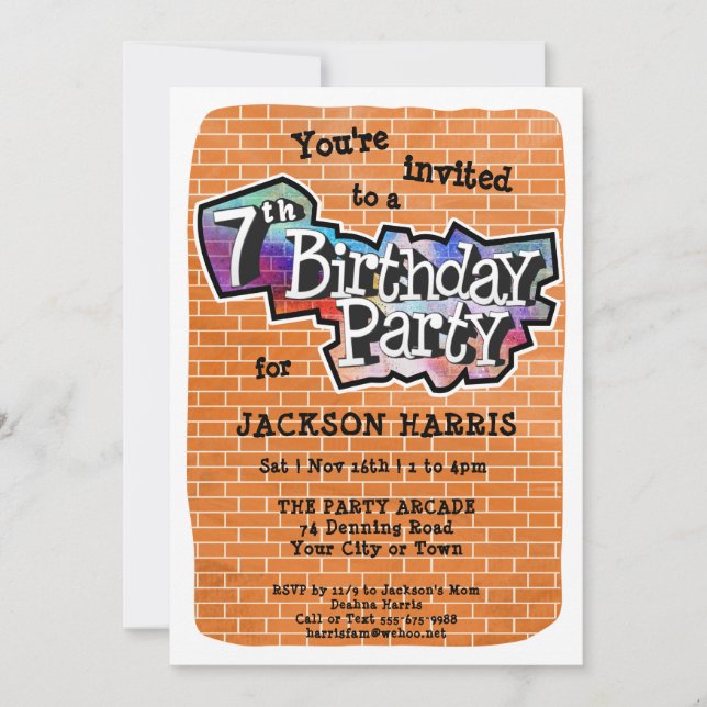 Cool Graffiti Art 7th Birthday Party Invitation (Front)