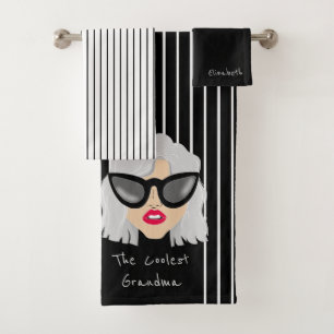 Cool Grandma with Glasses Custom Name Bath Towel Set