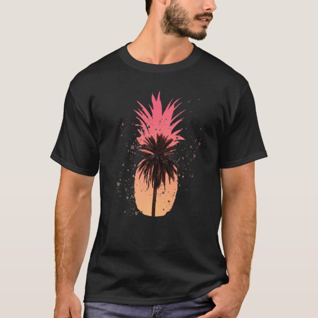 Cool Graphic Pineapple Sunset Palm Tree Beach T-Shirt (Front)