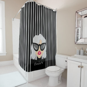 Cool Gray-Haired Woman with Glasses Custom Name Shower Curtain
