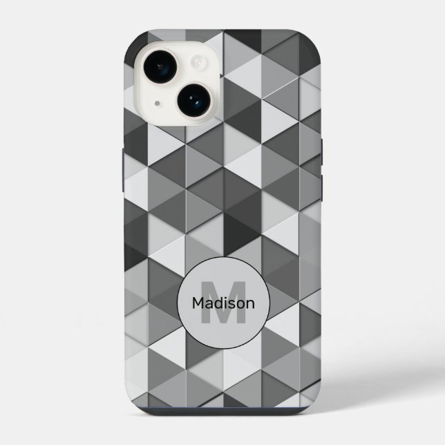 Cool Grayscale triangle geometric pattern Monogram iPhone Case (Back)