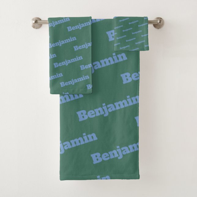 Cool Green and Blue Personalised Name Pattern Bath Towel Set (Insitu)
