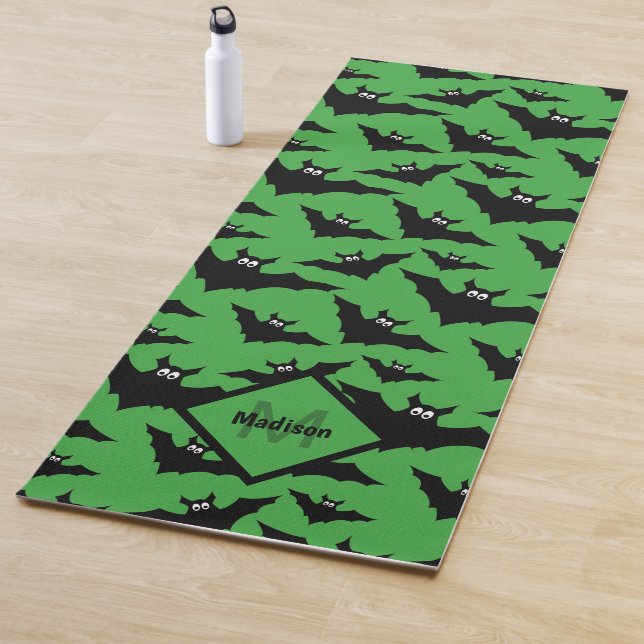 Cool green black bats Halloween pattern Monogram Yoga Mat (In Situ)