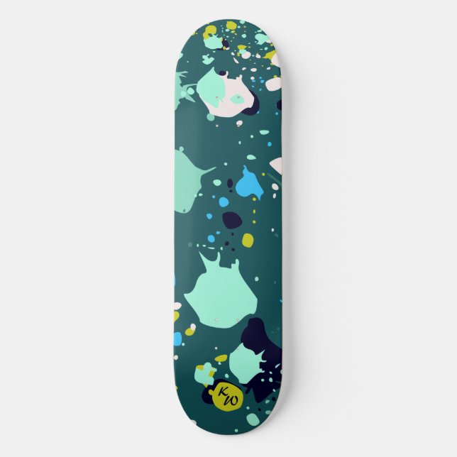 Cool Green Colourful Paint Splatter Initials Skateboard (Front)