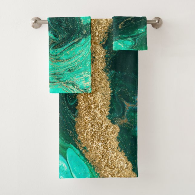 Cool Green Gold Marble Stone Bath Towel Set (Insitu)
