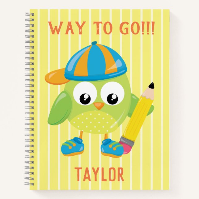 Cool Green Owl Way to Go Notebook (Front)