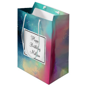 Cool Green & Red Space Nebula Watercolor Birthday Medium Gift Bag