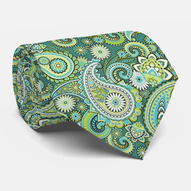 cool green tiled paisley pattern neck tie (Rolled)