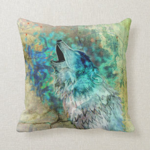 Cool Grey and Turquoise Howling Wolf Art Cushion