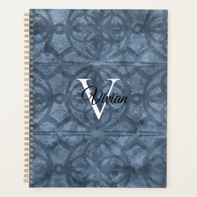 Cool Grey Batik Elegant Monogram Name Planner (Front)