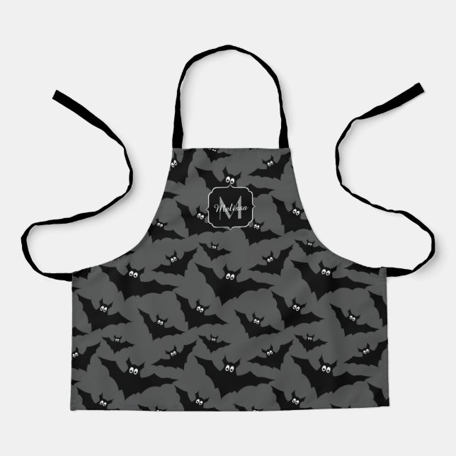 Cool grey black bats Halloween pattern Monogram Apron (Front)