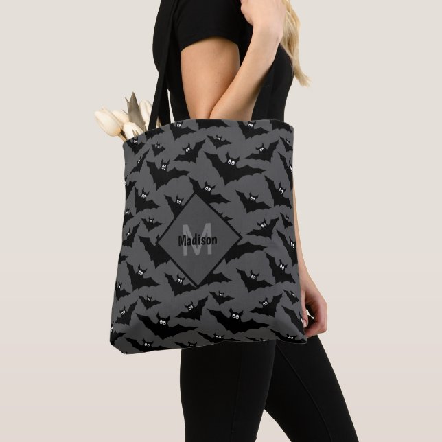 Cool grey black bats Halloween pattern Monogram Tote Bag (Close Up)