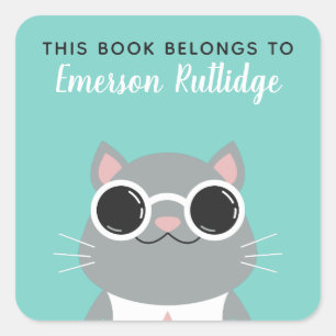 Cool Grey Cat   Turquoise This Book Belongs To Square Sticker