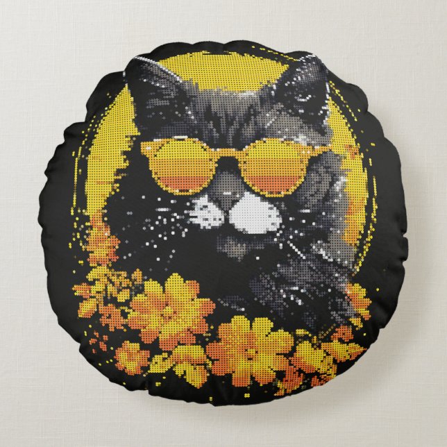 Cool Grey Cat with Sunglasses Geometric Style Round Cushion (Front)